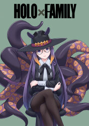 Rule 34 | 1girl, black cardigan, black headwear, black ribbon, cardigan, collared shirt, crossed arms, crossed legs, earrings, english text, fishnets, glasses, green background, head tilt, highres, hololive, hololive english, jewelry, jpc, long hair, long sleeves, looking at viewer, miniskirt, mole, mole under eye, ninomae ina&#039;nis, open cardigan, open clothes, pantyhose, pointy ears, purple eyes, purple hair, ribbon, shirt, simple background, sitting, skirt, solo, spy x family, straight hair, tentacle hair, tentacles, thighs, very long hair, virtual youtuber, white shirt