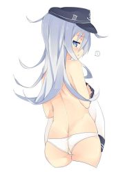 Rule 34 | ..., 10s, 1girl, :&lt;, ass, bad id, bad twitter id, blue eyes, cropped legs, dimples of venus, eguegu, from behind, hat, hibiki (kancolle), kantai collection, long hair, looking back, panties, panties only, unworn shirt, silver hair, simple background, solo, speech bubble, topless, underwear, underwear only, white background, white panties