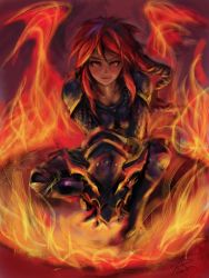Rule 34 | 1girl, alternate costume, armor, fire, gauntlets, highres, ironscale shyvana, league of legends, long hair, phantom ix row, red eyes, red hair, shyvana, slit pupils, smile, solo, squatting