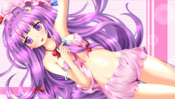 Rule 34 | 1girl, bed sheet, bloomers, blush, bow, bra, braid, breasts, crescent, female focus, groin, hair bow, hat, highres, lingerie, long hair, looking at viewer, lying, navel, neats, on back, open mouth, patchouli knowledge, polka dot, purple eyes, purple hair, revision, solo, strap slip, touhou, underwear, underwear only