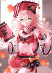 Rule 34 | 1girl, absurdres, bare shoulders, book, breasts, cleavage, commentary request, cowboy shot, crop top, detached sleeves, genshin impact, green eyes, highres, holding, holding book, long hair, long sleeves, looking at viewer, medium breasts, midriff, mochi mochi052, navel, pink hair, red headwear, red skirt, skirt, smile, solo, standing, stomach, very long hair, yanfei (genshin impact)