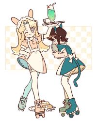 Rule 34 | 2girls, absurdres, animal ears, black hair, blonde hair, broken plate, cake, cat ears, cat tail, cup, dress, drink, fake animal ears, food, full body, green dress, hand on own hip, heart, heart-shaped pupils, highres, i love amy, long hair, looking at viewer, multiple girls, one eye closed, pink dress, plate, puffy short sleeves, puffy sleeves, rabbit ears, roller skates, short hair, short sleeves, skates, smile, strawberry cake, sweat, symbol-shaped pupils, tail, teacup, thighhighs, tray, unn1666, white background, white thighhighs