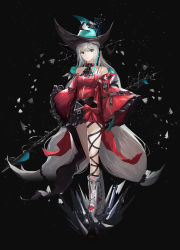 Rule 34 | 1girl, aqua gloves, aqua headwear, arknights, bare legs, bare shoulders, black background, black ribbon, boots, breasts, clothing cutout, crossed legs, dress, fish, full body, gloves, highres, holding, holding staff, leg ribbon, long hair, long sleeves, looking at viewer, low-tied long hair, medium breasts, navel, navel cutout, off-shoulder dress, off shoulder, official alternate costume, red dress, red eyes, ribbon, short dress, silver hair, skadi (arknights), skadi the corrupting heart (arknights), solo, staff, standing, thighs, very long hair, vsattce, watson cross, white footwear, wide sleeves