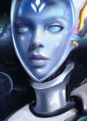 Rule 34 | 1girl, artist name, blue eyes, blue skin, colored skin, earth (planet), echo (overwatch), facial mark, forehead mark, joints, lips, nixri, no ears, no pupils, nose, omnic, overwatch, overwatch 1, planet, portrait, robot, robot joints, solo