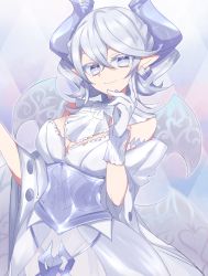 Rule 34 | 1girl, breasts, cleavage, cowboy shot, demon horns, demon wings, detached sleeves, dress, duel monster, gloves, grey eyes, highres, holding, horns, large breasts, lovely labrynth of the silver castle, nanashiba (banntlla), short hair, smile, solo, white dress, white gloves, white hair, wings, yu-gi-oh!