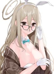 Rule 34 | 1girl, akane (blue archive), akane (bunny) (blue archive), animal ears, aochoku, bare shoulders, black-framed eyewear, blue archive, bow, bowtie, covered navel, detached sleeves, glasses, gloves, green bow, green bowtie, halo, highres, leotard, light brown hair, long hair, looking at viewer, pantyhose, plaid shawl, playboy bunny, rabbit ears, shawl, simple background, skin tight, smile, solo, very long hair, viewran, white gloves, white leotard, white pantyhose