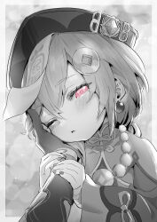 Rule 34 | 1girl, absurdres, aether (genshin impact), arm grab, bandaged arm, bandages, bead necklace, beads, blush, coin hair ornament, earrings, genshin impact, greyscale, hair ornament, hand on another&#039;s cheek, hand on another&#039;s face, hat, highres, jewelry, jiangshi, long sleeves, looking at viewer, monochrome, necklace, ofuda, one eye closed, qingdai guanmao, qiqi (genshin impact), solo focus, sparkle, spot color, sukoyaka93, talisman
