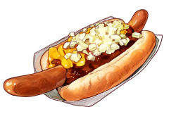 Rule 34 | cheese, chili con carne, food, food focus, hot dog, momiji mao, no humans, original, sausage, simple background, white background