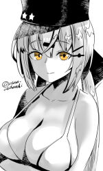 Rule 34 | 1girl, alternate costume, asava (hutaitenn), bare shoulders, bikini, black bow, black hat, bow, breasts, collarbone, fur hat, hair bow, hat, highres, kantai collection, large breasts, long hair, low twintails, one-hour drawing challenge, papakha, partially colored, simple background, solo, star (symbol), swimsuit, tashkent (kancolle), twintails, twitter username, upper body, white background, yellow eyes