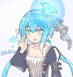 Rule 34 | 1girl, aoki lapis, blue eyes, blush, breasts, choker, cleavage, dated, diamond (gemstone), gem, hairband, hand up, juliet sleeves, long sleeves, looking at viewer, open mouth, puffy sleeves, short hair with long locks, small breasts, smile, solo, translated, upper body, vocaloid, wixa14 shin