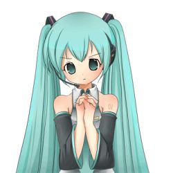 Rule 34 | animated, animated gif, blouse, blush, collared shirt, green background, grey shirt, hatsune miku, long hair, lowres, shirt, shoulder tattoo, sleeveless, sleeveless shirt, solo, spring onion, tattoo, twintails, very long hair, vocaloid
