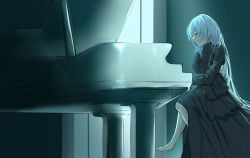 Rule 34 | 1girl, absurdres, black dress, dress, grey hair, hair ornament, hair over one eye, highres, instrument, long hair, looking at viewer, noir (noworld), noworld, piano, qiyuan yingluo, sitting, solo, virtual youtuber, white hair