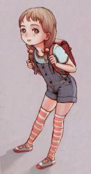 Rule 34 | 1girl, :p, backpack, bag, brown eyes, brown hair, child, denim, denim overalls, full body, grey background, hair bobbles, hair ornament, mary janes, overall shorts, overalls, randoseru, ryonma, shoes, simple background, solo, standing, striped clothes, striped thighhighs, thighhighs, tongue, tongue out, uwabaki, zettai ryouiki