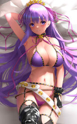 Rule 34 | 1girl, absurdres, arm behind head, arm up, armpits, bare shoulders, bb (fate), bb (fate) (all), bb (swimsuit mooncancer) (fate), bb (swimsuit mooncancer) (second ascension) (fate), belt, bikini, black garter belt, black gloves, black thighhighs, blush, breasts, cleavage, collarbone, dark-skinned female, dark skin, fate/grand order, fate (series), fingerless gloves, garter belt, gloves, grin, hair ornament, hair ribbon, hairband, highres, kamehito, large breasts, long hair, looking at viewer, lying, navel, neck ribbon, on back, purple bikini, purple eyes, purple hair, ribbon, smile, solo, star (symbol), star hair ornament, studded garter belt, swimsuit, tan, thighhighs, thighs, very long hair, white belt