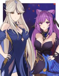 Rule 34 | 2girls, :p, :t, absurdres, bare shoulders, black dress, blue dress, breasts, cleavage, double bun, dress, genshin impact, hair bun, hair ornament, highres, keqing (genshin impact), keqing (opulent splendor) (genshin impact), large breasts, looking at viewer, multicolored clothes, multicolored dress, multiple girls, ningguang (genshin impact), ningguang (orchid&#039;s evening gown) (genshin impact), pout, purple eyes, purple hair, red eyes, ritou08, single hair bun, tongue, tongue out, twintails, white hair