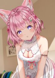 Rule 34 | 1girl, :o, absurdres, animal ears, antenna hair, armlet, armpit crease, bare shoulders, bloomers, blurry, blurry background, braid, breasts, choker, cleavage, cleavage cutout, clothing cutout, collarbone, cushion, frilled choker, frills, hair ornament, hair ribbon, hakui koyori, hakui koyori (summer), highres, hololive, indoors, large breasts, leaning forward, lingmu, looking at viewer, navel, picture frame, pink choker, pink hair, pink ribbon, purple eyes, ribbon, solo, tail, two-tone choker, underwear, virtual youtuber, white bloomers, white choker, wolf ears, wolf girl, wolf tail