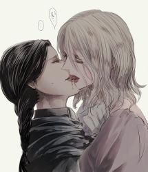 Rule 34 | ..., 2girls, adella the nun, arianna (bloodborne), biting, biting tongue, black hair, black robe, blonde hair, blood, blood from mouth, blood on face, bloodborne, braid, commentary request, highres, itsuki (itsukiovo), kiss, lips, long hair, multiple girls, robe, simple background, single braid, sketch, sweat, tongue, tongue out, translated, upper body, yellow background, yuri