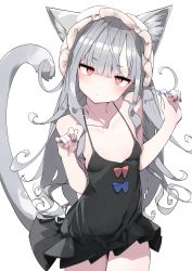 Rule 34 | 1girl, absurdres, animal ears, babydoll, blue nails, blush, bonnet, breasts, cat ears, cat girl, cat tail, closed mouth, curly hair, gingerbullet, grey hair, hair between eyes, highres, long hair, looking at viewer, nail polish, original, red eyes, simple background, small breasts, solo, tail, white background