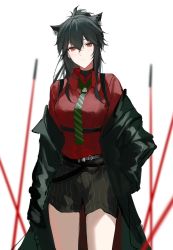 Rule 34 | 1girl, absurdres, animal ears, arknights, black coat, black hair, black shorts, coat, collared shirt, cowboy shot, dress shirt, energy sword, extra ears, green necktie, hair between eyes, hand in pocket, highres, joshua (shisanli934), looking at viewer, necktie, off shoulder, official alternate costume, open clothes, open coat, orange eyes, planted, planted sword, planted weapon, ponytail, red shirt, shirt, shorts, sidelocks, simple background, solo, sword, texas (arknights), texas (willpower) (arknights), weapon, white background, wolf ears
