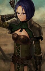 Rule 34 | 1girl, armor, arrow (projectile), belt, black belt, black gloves, breasts, cleavage, closed mouth, dated, drawing arrow, dust, fire emblem, fire emblem: three houses, fon-due (fonfon), gloves, hair between eyes, nintendo, outdoors, purple hair, quiver, shamir nevrand, short hair, signature, solo
