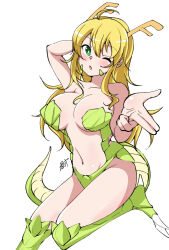 Rule 34 | 1girl, ahoge, blonde hair, blush, breasts, chinese zodiac, dragon girl, dragon horns, dragon tail, green eyes, highres, horns, hoshii miki, idolmaster, idolmaster (classic), large breasts, long hair, looking at viewer, navel, ochisoyaaa (speedylateness), one eye closed, open mouth, scales, signature, solo, tail, thighs, year of the dragon