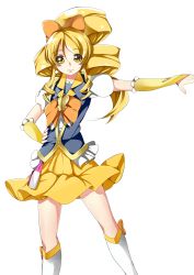 Rule 34 | 10s, 1girl, blonde hair, boots, bow, bowtie, brooch, cure honey, earrings, frills, hair bow, hand on own hip, happinesscharge precure!, heart, heart brooch, highres, jewelry, knee boots, long hair, magical girl, md5 mismatch, oomori yuuko, precure, skirt, smile, solo, toei animation, white background, wide ponytail, wrist cuffs, yellow eyes, yellow skirt, yuutarou (fukiiincho)