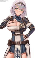 Rule 34 | 1girl, armor, armored dress, black gloves, blush, breasts, cleavage, cleavage cutout, clothing cutout, collared dress, dress, fingerless gloves, gloves, green eyes, grey hair, hairband, highres, hololive, large breasts, looking at viewer, pantheon eve, pauldrons, pelvic curtain, pleated dress, puffy sleeves, shirogane noel, short dress, short hair, shoulder armor, single pauldron, smile, solo, thighs, virtual youtuber, waist cape, white background