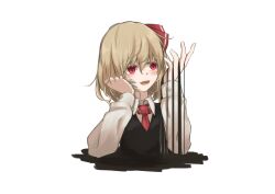 Rule 34 | 1girl, absurdres, black vest, blonde hair, blush, collared shirt, darkness, hair between eyes, hair ribbon, highres, lit ter, long sleeves, open mouth, red eyes, red ribbon, ribbon, rumia, shirt, short hair, simple background, solo, touhou, upper body, vest, white background, white shirt