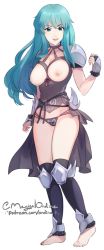 Rule 34 | 1girl, black panties, blue eyes, breasts, collarbone, corruption, cupless clothes, eirika (fire emblem), fire emblem, fire emblem: the sacred stones, green hair, heart, hypnosis, intelligent systems, lingerie, mind control, nintendo, nipples, panties, roarke (lavenderincubus), thighs, thong, underwear