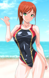 Rule 34 | 1girl, anime coloring, beach, black one-piece swimsuit, blue sky, breasts, brown hair, cloud, collarbone, commentary request, competition swimsuit, contrapposto, cowboy shot, day, green eyes, hitchhiking, horizon, large breasts, long hair, looking at viewer, monteriakitto, ocean, one-piece swimsuit, original, outdoors, sky, solo, swimsuit, thumbs up