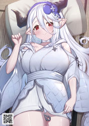 Rule 34 | 1girl, blue hairband, blush, breasts, closed mouth, commentary request, curled horns, draph, granblue fantasy, hair between eyes, hairband, highres, horns, izmir, japanese clothes, kimono, large breasts, long hair, looking at viewer, lying, mole, mole under mouth, on back, pillow, qr code, red eyes, short kimono, smile, solo, tatami, uneg, very long hair, white hair, white kimono
