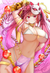 Rule 34 | 1girl, absurdres, amazaki ria, arm up, armlet, armpits, bangle, bare shoulders, bell, bikini, bracelet, breasts, cleavage, cowboy shot, dancer, earrings, fox mask, hata no kokoro, heart, heart-shaped pupils, highres, jewelry, jingle bell, large breasts, long hair, looking at viewer, mask, navel, pink eyes, pink hair, rope, see-through, solo, string bikini, swimsuit, symbol-shaped pupils, touhou, twintails, underboob, very long hair, white background, white bikini
