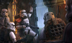 Rule 34 | 5boys, backpack, bag, black gloves, cable, commentary, edouard groult, english commentary, galactic empire, gloves, gun, helmet, holding, holding gun, holding weapon, multiple boys, rain, science fiction, star wars, stormtrooper, vehicle interior, weapon