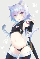 Rule 34 | 1girl, animal ears, bandaged arm, bandaged hand, bandages, black gloves, black panties, black thighhighs, breasts, cat ears, cat tail, cleavage, cowboy shot, fate/apocrypha, fate (series), fingerless gloves, gloves, gluteal fold, green eyes, jack the ripper (fate/apocrypha), kemonomimi mode, midriff, navel, panties, paw pose, paw print, scar, short hair, silver hair, simple background, single glove, slit pupils, small breasts, solo, sugar (sugar17), tail, tattoo, thighhighs, turtleneck, underwear