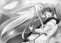 Rule 34 | 00s, 2girls, ;d, blush, eyebrows, fate testarossa, greyscale, highres, juliet sleeves, long sleeves, looking at viewer, lyrical nanoha, magical girl, mahou shoujo lyrical nanoha, mahou shoujo lyrical nanoha strikers, monochrome, multiple girls, nose blush, one eye closed, open mouth, puffy long sleeves, puffy sleeves, smile, takamachi nanoha, twintails, upper body