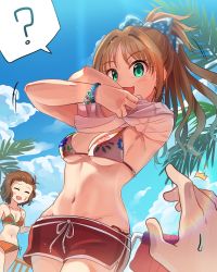 Rule 34 | 10s, 2girls, ?, ^^^, bikini, bikini under clothes, blush, bracelet, breasts, brown hair, character request, cleavage, day, diffraction spikes, green eyes, hino akane (idolmaster), idolmaster, idolmaster cinderella girls, jewelry, kamille (vcx68), looking at viewer, medium breasts, medium hair, multiple girls, namba emi, navel, open mouth, orange bikini, outdoors, palm tree, ponytail, side-tie bikini bottom, smile, solo focus, speech bubble, spoken question mark, swimsuit, tree, undressing