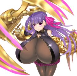 Rule 34 | 10s, 1girl, bare shoulders, bent over, black pantyhose, breasts, collar, fate/extra, fate/extra ccc, fate/grand order, fate (series), female focus, fighting, gauntlets, gigantic breasts, gradient background, hair ornament, hair ribbon, koucha maru, long hair, looking at viewer, open mouth, pantyhose, passionlip (fate), purple eyes, purple hair, ribbon, simple background, solo, standing, tears, very long hair, weapon