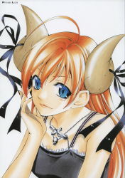Rule 34 | 1girl, absurdres, ahoge, black nails, black ribbon, blonde hair, blue eyes, head rest, collarbone, copyright name, hair between eyes, highres, horn ornament, horn ribbon, horns, jewelry, long hair, lucia (princess lucia), nail polish, necklace, princess lucia, ribbon, scan, seo kouji, simple background, sleeveless, solo, upper body, white background