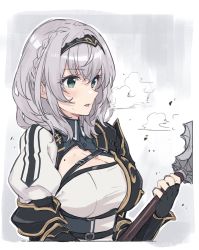 Rule 34 | 1girl, armor, black gloves, blush, braid, breasts, breath, circlet, cleavage, cleavage cutout, clothing cutout, commentary, fingerless gloves, from side, gloves, gold trim, green eyes, grey background, highres, holding, holding weapon, hololive, large breasts, mace, medium hair, mole, mole on breast, parted lips, shirogane noel, shirogane noel (1st costume), sidelocks, simple background, solo, symbol-only commentary, teshima nari, upper body, virtual youtuber, weapon, white hair