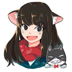 Rule 34 | 1girl, :d, animal ears, brown eyes, brown hair, cat, cat ears, fang, long hair, looking at viewer, open mouth, original, scarf, smile, solo, tuxedo de cat, white background