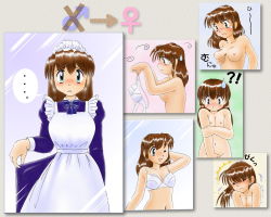 Rule 34 | ..., 1girl, ^^^, apron, arm behind head, blush, bra, grabbing another&#039;s breast, breasts squeezed together, breasts, brown hair, cleavage, closed eyes, covering privates, covering crotch, drop, genderswap, genderswap (mtf), grabbing, grabbing own breast, green eyes, holding, holding bra, holding clothes, holding underwear, large breasts, lingerie, maid, maid apron, maid headdress, navel, nipples, nude, one eye closed, pisipisi, skirt hold, solo, spoken ellipsis, sweatdrop, tears, transformation, translation request, underwear, uniform, wink