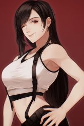 Rule 34 | 0 ebj, 1girl, asymmetrical bangs, asymmetrical hair, bare arms, black hair, black skirt, breasts, earrings, final fantasy, final fantasy vii, final fantasy vii remake, hand on own hip, highres, jewelry, large breasts, long hair, low-tied long hair, midriff, one eye closed, red background, red eyes, shirt, skirt, smile, solo, sports bra, suspender skirt, suspenders, tifa lockhart, upper body, white shirt