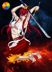 Rule 34 | 1girl, alternate hairstyle, arched soles, arm tattoo, armpits, arms up, artist name, artist request, bandages, blush, breasts, brown eyes, cleft of venus, clenched hands, colorized, curvy, deviantart username, epic, erza scarlet, eyelashes, fairy tail, feet, female focus, fighting stance, fingernails, full body, hair between eyes, highres, holding, holding sword, holding weapon, japanese clothes, katana, kneeling, large breasts, legs, legs together, long hair, looking at viewer, mashima hiro, midriff, multiple views, navel, neck, official alternate costume, pants, parted lips, ponytail, red hair, red pants, sarashi, serious, sexually suggestive, shiny clothes, shiny skin, side bangs, sidelocks, soles, source request, space background, sword, tattoo, thighs, tiptoes, toenails, toes, torn clothes, torn pants, traditional clothes, turnaround, underboob, underwear, weapon