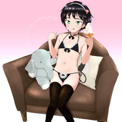 Rule 34 | 1girl, armchair, artist name, bare arms, bare shoulders, bikini, black choker, black hair, black thighhighs, bow, bow bikini, chair, choker, closed mouth, commentary, dated, feet out of frame, female focus, flag, food, food on face, frilled bikini, frills, gradient background, green eyes, groin, hair ornament, hairband, heart, heart hair ornament, heart o-ring, highres, holding, holding food, ice cream, ice cream cone, knees together feet apart, licking lips, looking at viewer, maid, maid bikini, mayafufu, md5 mismatch, micro bikini, navel, on chair, original, pillow, pink background, resolution mismatch, side-tie bikini bottom, smile, soft serve, solo, source smaller, stuffed animal, stuffed elephant, stuffed toy, swimsuit, thighhighs, tongue, tongue out, unconventional maid, white background, white hairband