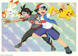 Rule 34 | 2boys, :d, artist name, ash ketchum, baseball cap, black hair, black pants, blue eyes, blue jacket, border, brown eyes, clenched hands, commentary request, creatures (company), dated, fire, game freak, gen 1 pokemon, gen 8 pokemon, goh (pokemon), grey footwear, grey shirt, hair ornament, hat, jacket, kibisakura2, leaning forward, legs apart, looking back, male focus, multiple boys, nintendo, official style, open clothes, open jacket, open mouth, outline, outside border, pants, pikachu, pokemon, pokemon (anime), pokemon (creature), pokemon journeys, red legwear, scorbunny, shirt, shoes, short sleeves, shorts, sleeveless, sleeveless jacket, smile, socks, spread fingers, standing, standing on one leg, t-shirt, teeth, tongue, white border, white shirt