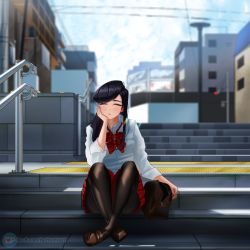 Rule 34 | 1girl, artist name, black hair, blurry, blurry background, blush, botttomtext, bow, bowtie, brown bag, commentary, crossed ankles, english commentary, closed eyes, head rest, highres, ko-fi logo, komi-san wa komyushou desu, komi shouko, loafers, long sleeves, outdoors, pantyhose, plaid, plaid bow, plaid bowtie, plaid skirt, railing, red bow, red bowtie, red skirt, shirt, shoes, skirt, solo, stairs, tactile paving, unzipped, watermark, web address, white shirt
