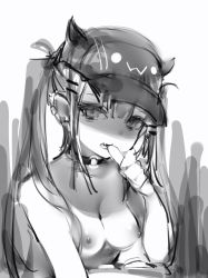 Rule 34 | 1girl, bad id, bad twitter id, baseball cap, biting, breasts, ear piercing, earrings, finger biting, greyscale, hair ornament, hairclip, hat, highres, hololive, horns, jewelry, long hair, looking at viewer, medium breasts, monochrome, nanashi (nlo), nipples, piercing, solo, tokoyami towa, twintails, upper body, virtual youtuber