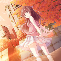 Rule 34 | 1girl, autumn, autumn leaves, bad id, bad pixiv id, bare shoulders, black eyes, black hair, building, city, clock, clothes lift, dutch angle, foreshortening, from behind, hair ribbon, lamppost, light smile, long hair, looking back, miniskirt, original, outstretched arms, overgrown, pleated skirt, red sky, ribbon, ruins, skirt, skirt lift, sky, sleeveless, solo, spread arms, stairs, sunset, tree, wading, water, white skirt, wind, wind lift, yumemizuki