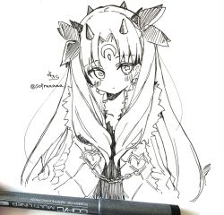 Rule 34 | art tools in frame, blush, cloak, closed mouth, crescent, crescent facial mark, cropped torso, facial mark, fate/grand order, fate (series), forehead mark, fur-trimmed cloak, fur trim, greyscale, hair ribbon, heart, highres, horns, ishtar (fate), long hair, monochrome, parted bangs, photo (medium), ribbon, signature, sofra, space ishtar (fate), space ishtar (third ascension) (fate), star-shaped pupils, star (symbol), symbol-shaped pupils, traditional media, twitter username, two side up, upper body, very long hair, white background
