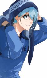 Rule 34 | 1boy, blue eyes, blue hair, blue lock, blue shirt, cowboy shot, hands up, l z8h, long sleeves, looking at viewer, male focus, shirt, short hair, simple background, smile, solo, standing, towel, towel on head, white background, you hiori